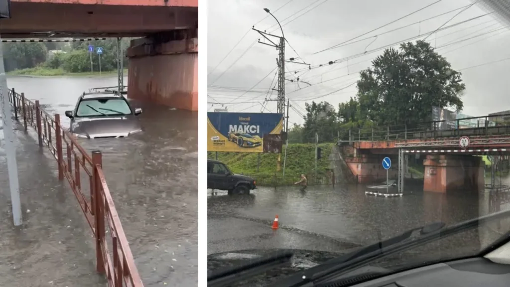 Аномальні опади в Ужгороді: Автомобіль «потонув» під мостом на Шпеника-Анкудінова