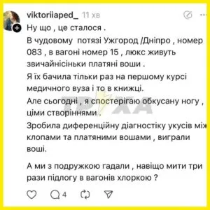 Пасажирка в шоці! Воші заполонили потяг Ужгород-Дніпро!